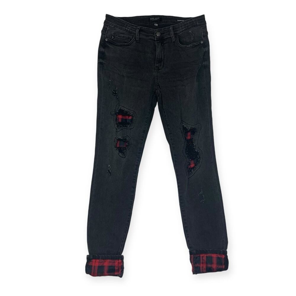 Judy Blue womens 11 30 skinny fit black red buffalo plaid jeans denim holiday cu